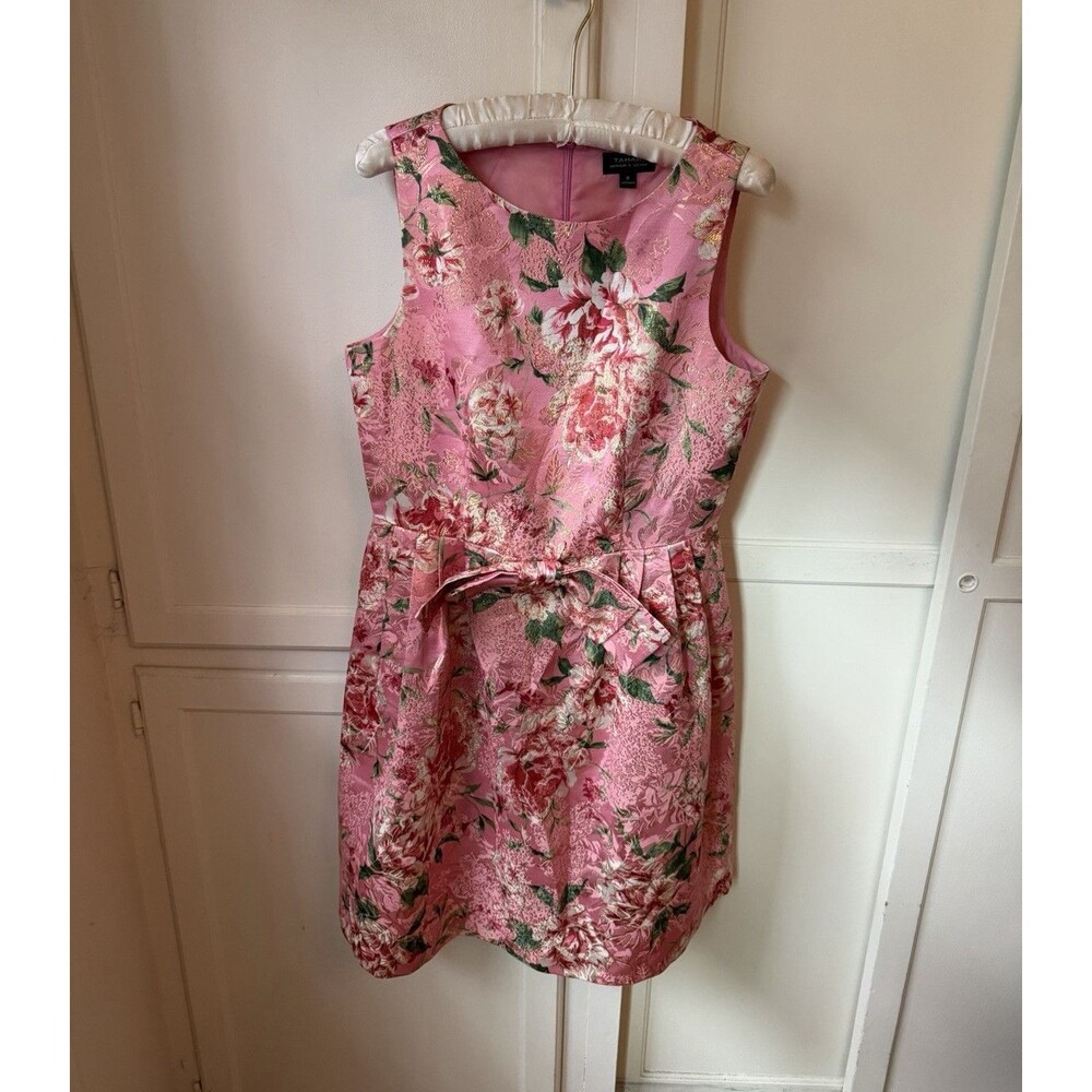 Tahari ASL Size 8 Pink Metallic Floral Jacquard Bow Fit Flare Dress Pockets